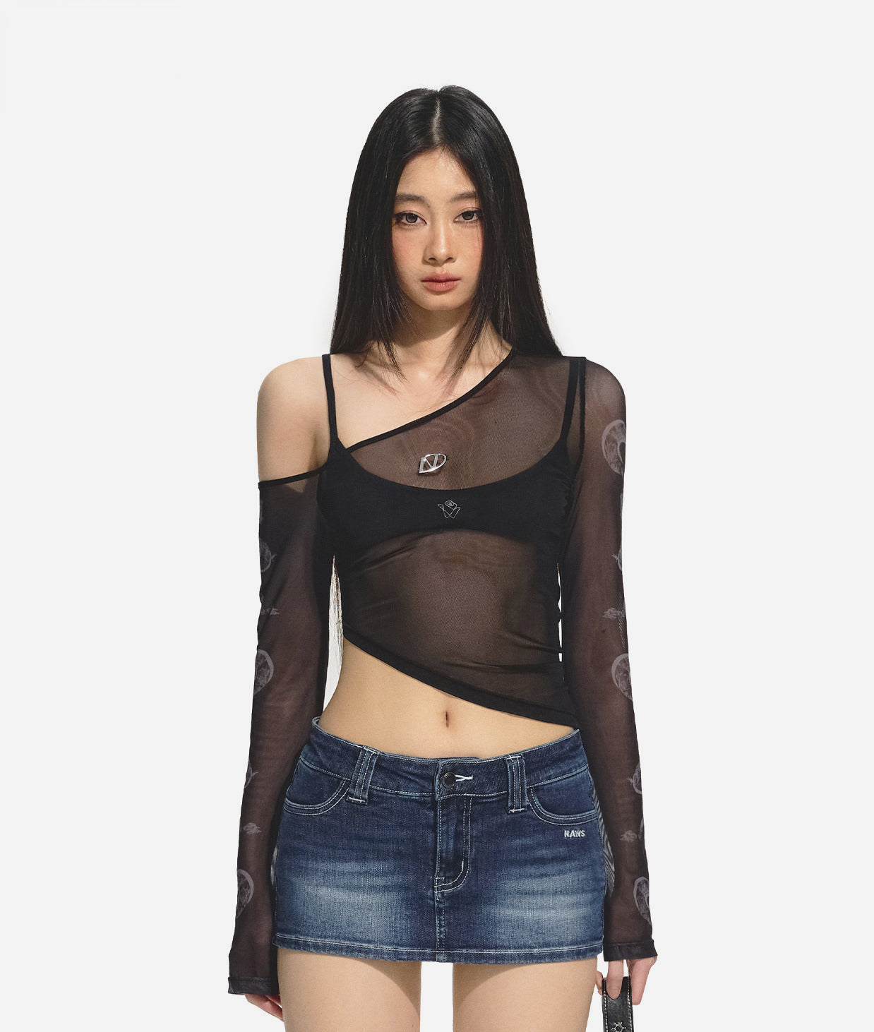 Black Printed Stretchy Mesh Long Sleeve Top - CHINASQUAD