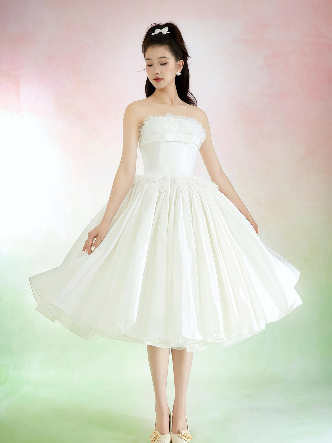 Ivory Strapless Floral Trim Midi Dress