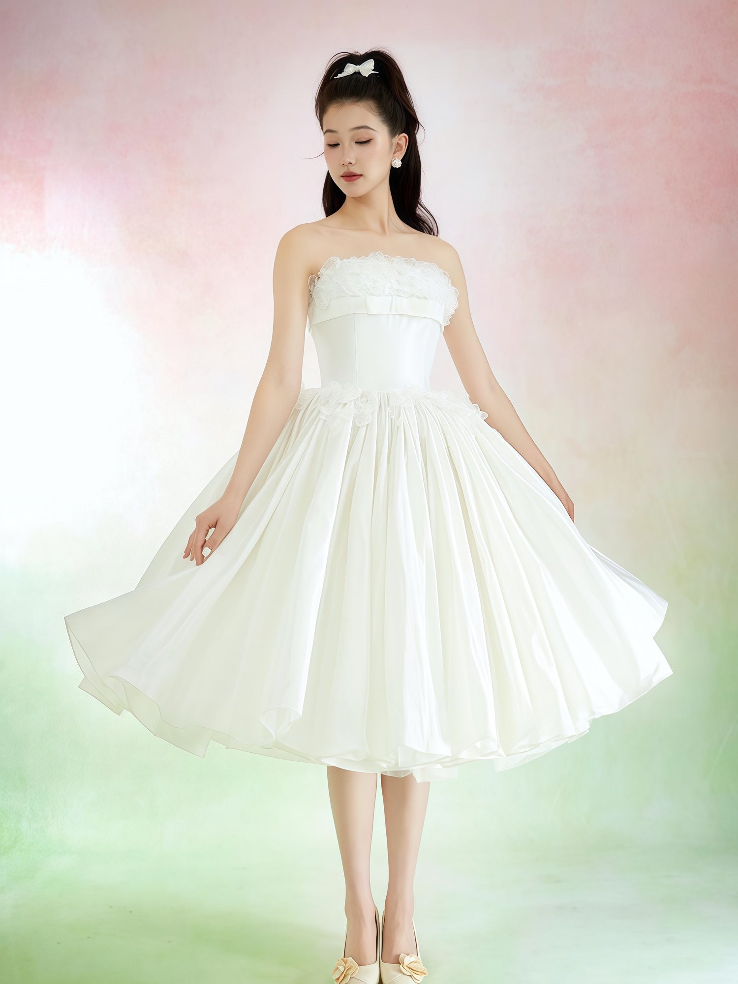 Ivory Strapless Floral Trim Midi Dress