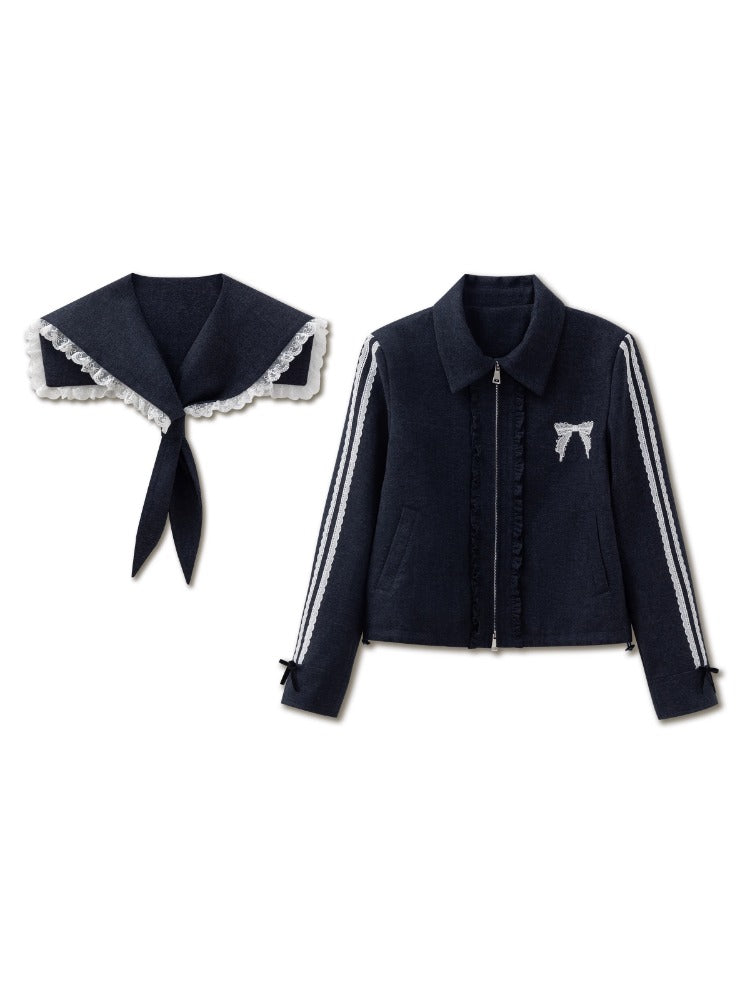 Navy Blue Detachable Collar Jacket