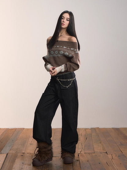 Fair Isle Off-Shoulder Wool Blend Knit Sweater