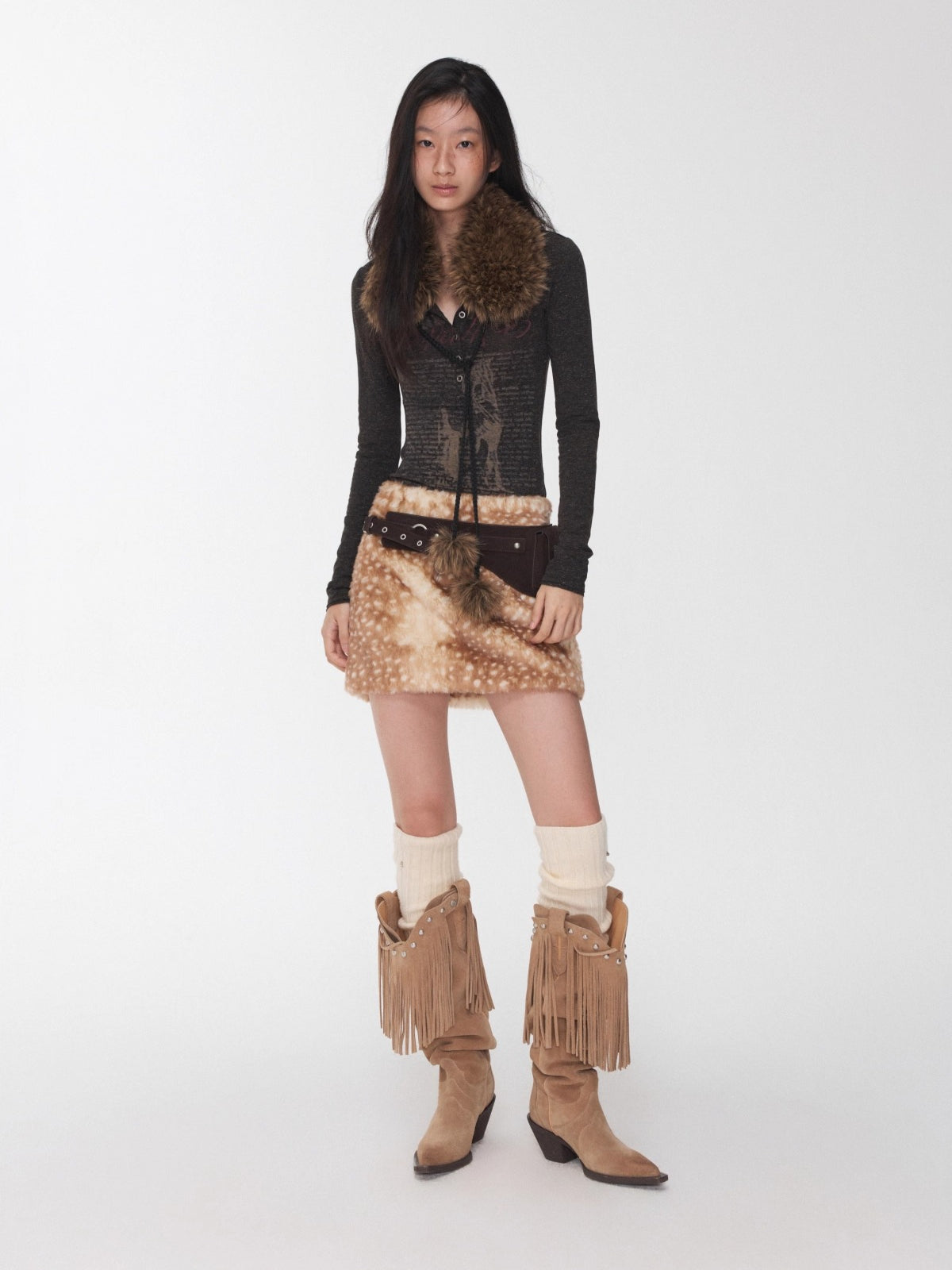 Vintage Deer Print Faux Fur Skirt