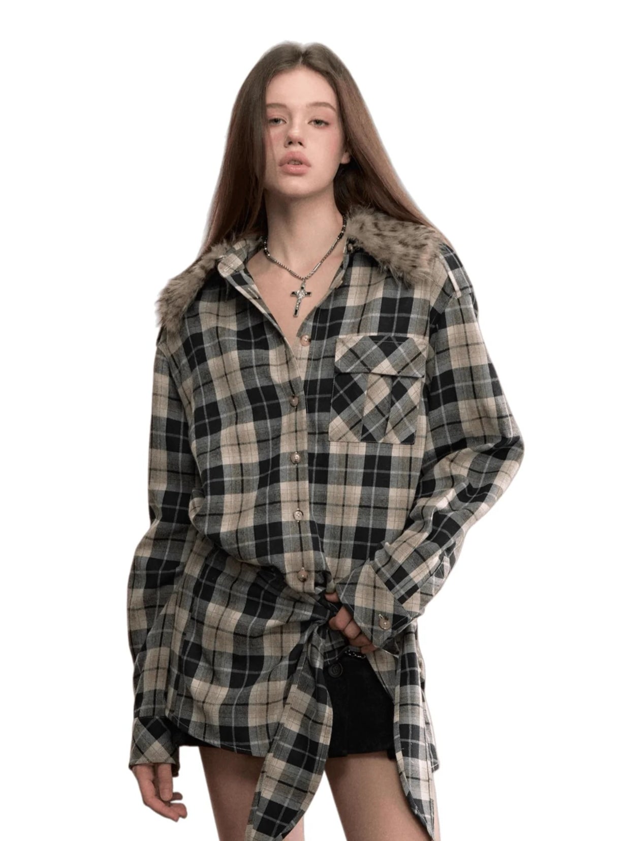 Plaid Detachable Fur Collar Two-Piece Shirt Set