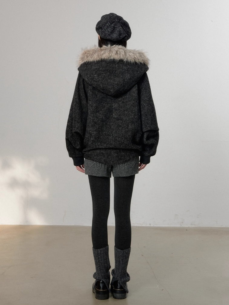 Fur Collar Wool-Blend Batwing Cape