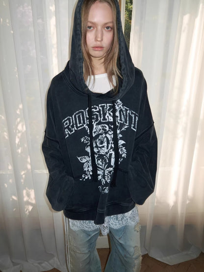 Print Slouchy Sleeve Washed Hoodie
