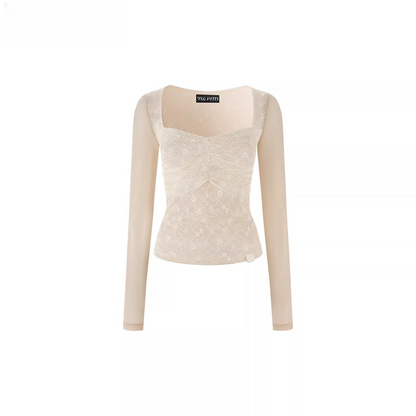 Lace Mesh Ruched Long Sleeve T-Shirts