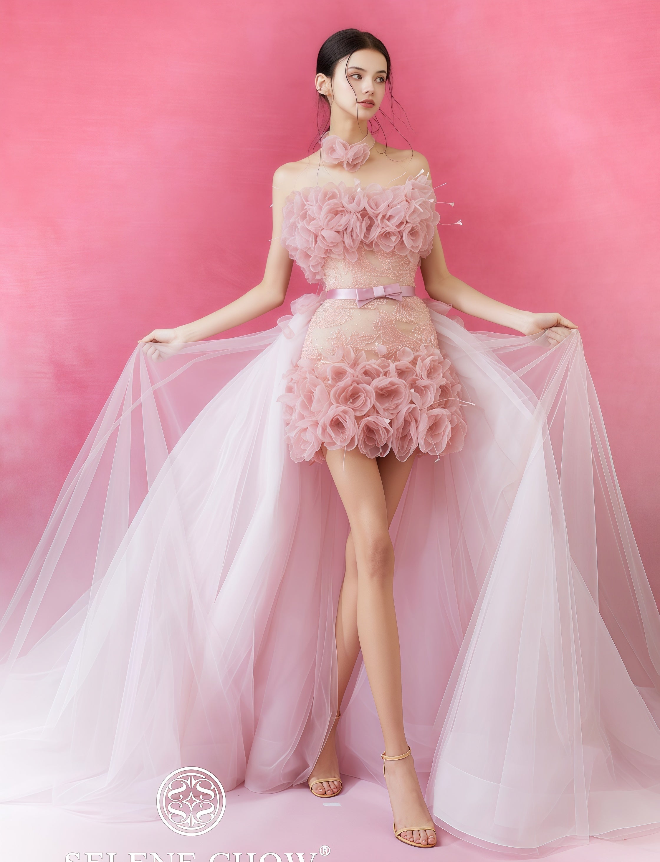 Rosette Tulle Embellished Convertible Mini Dress