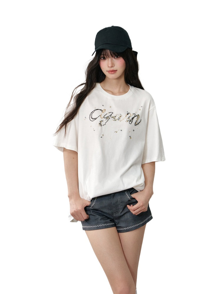 LOGO Bead Embroidered Short Sleeve T-shirt - CHINASQUAD
