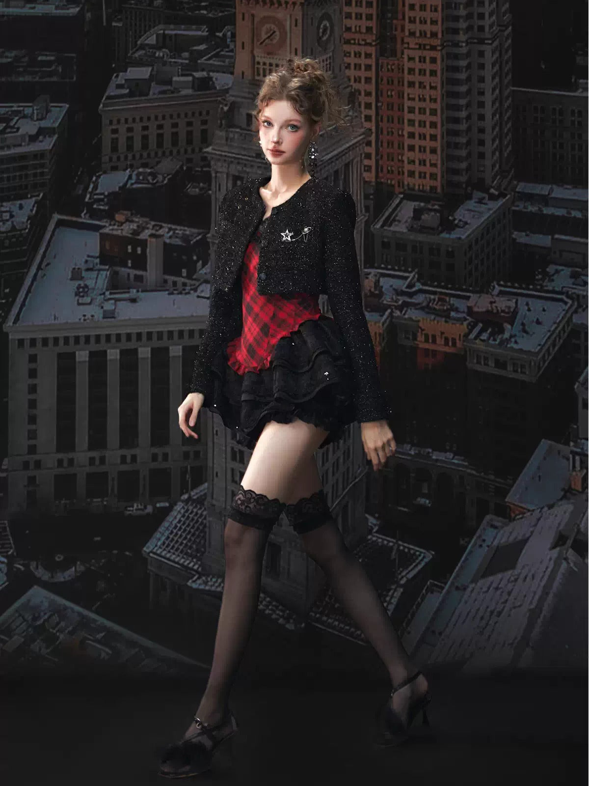 Plaid Puff Dress with Lace Overlay Set