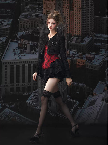 Plaid Puff Dress with Lace Overlay Set