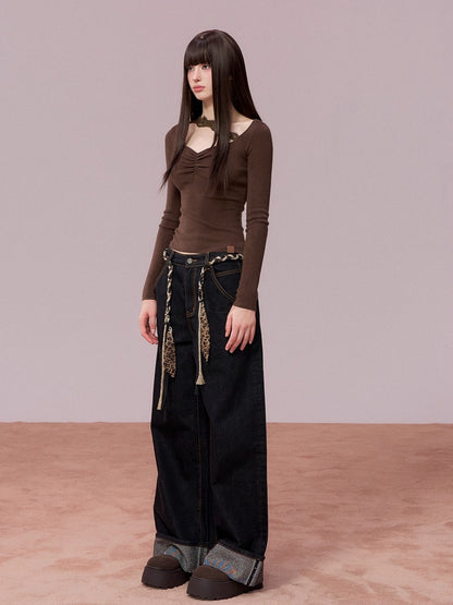 Ruched Lace-Trim Fitted Knit T-Shirt