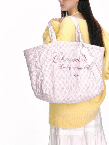 Crystal-Embellished Plaid Large Tote Bag