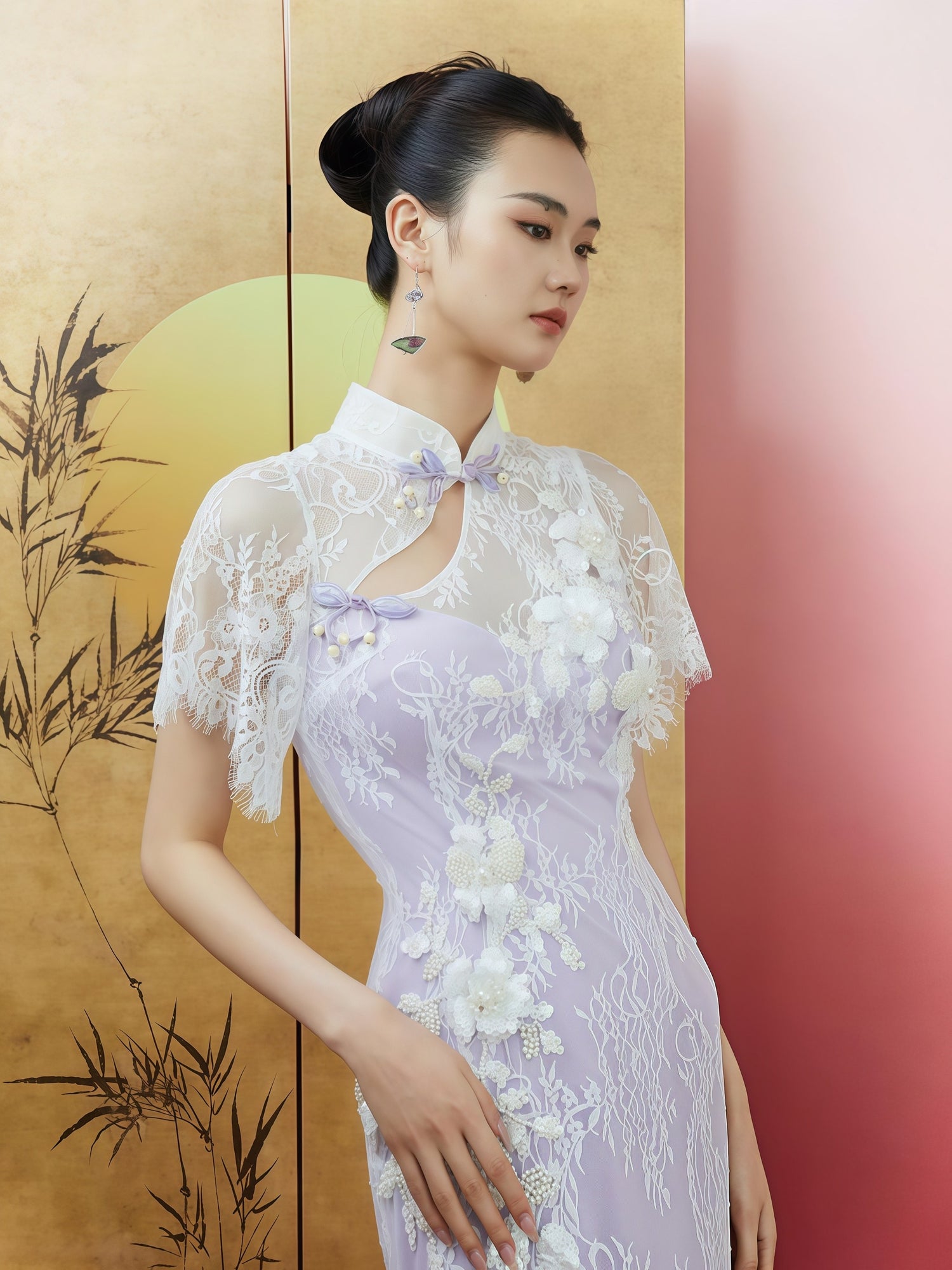 Cloud Mist Lace Embroidered Mandarin Collar Sheath Dress