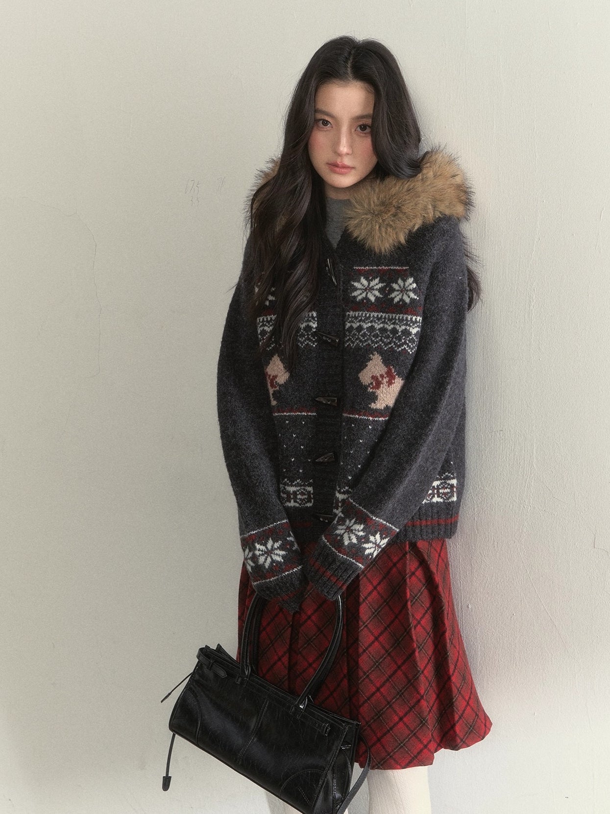 Charcoal Fair Isle Puppy Faux Fur Collar Knit Jacket