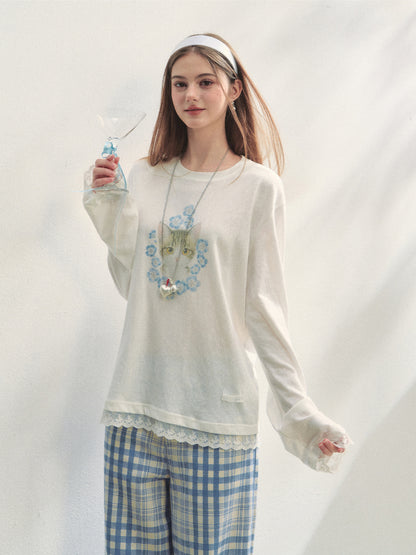 Lace Panel Animal Print Long-Sleeve Tee - CHINASQUAD