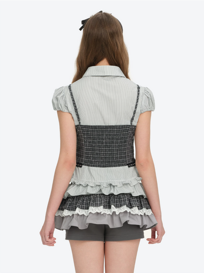 13DE MARZO Layered Puff Sleeve Corset Shirt Top