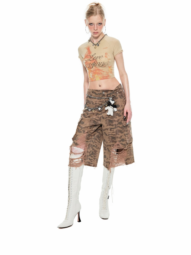 Camouflage Distressed Capri Pants