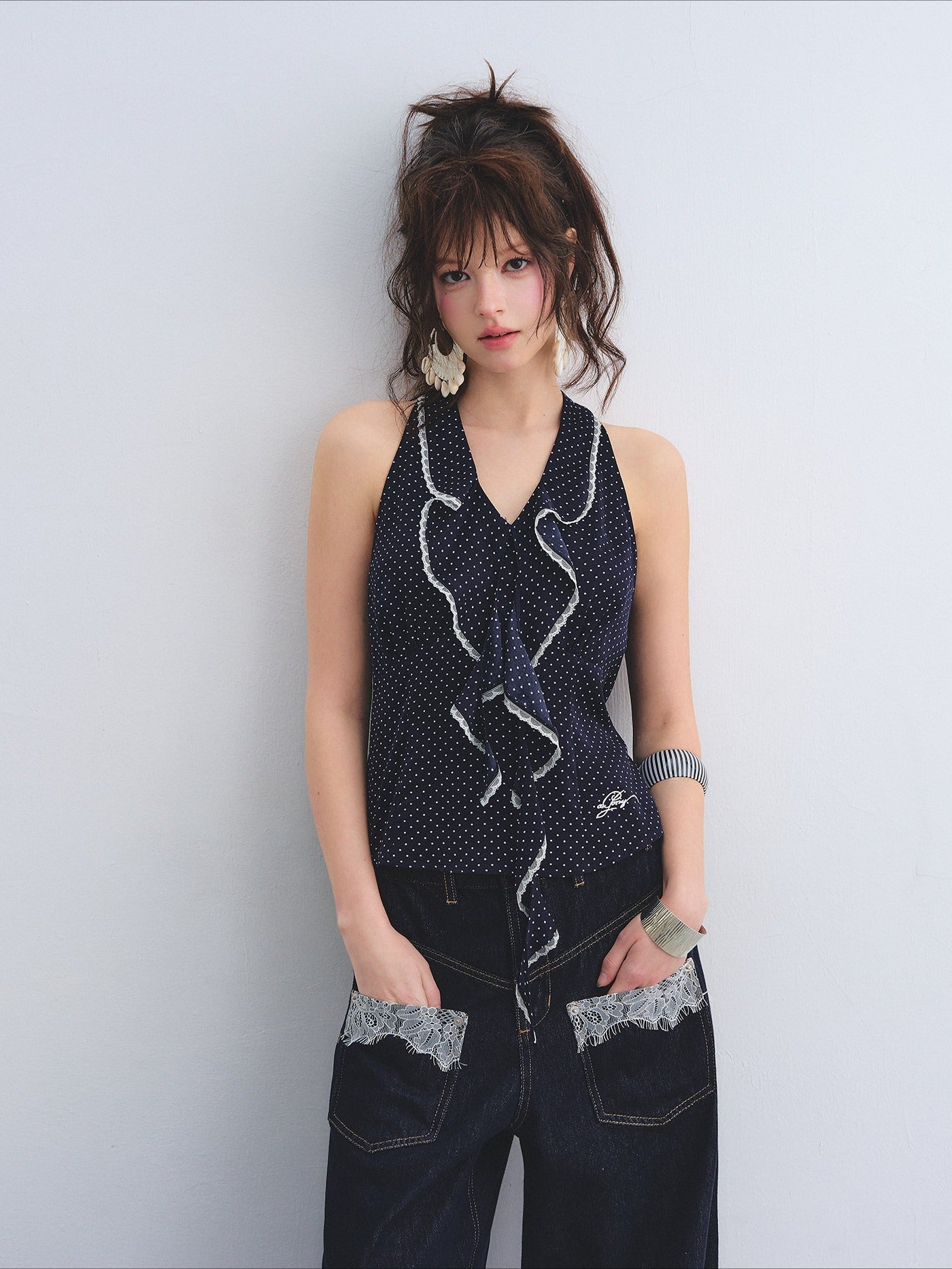 Polka Dot Lace Ruffle V-Neck Camisole