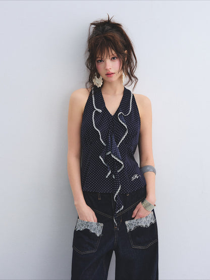 Polka Dot Lace Ruffle V-Neck Camisole