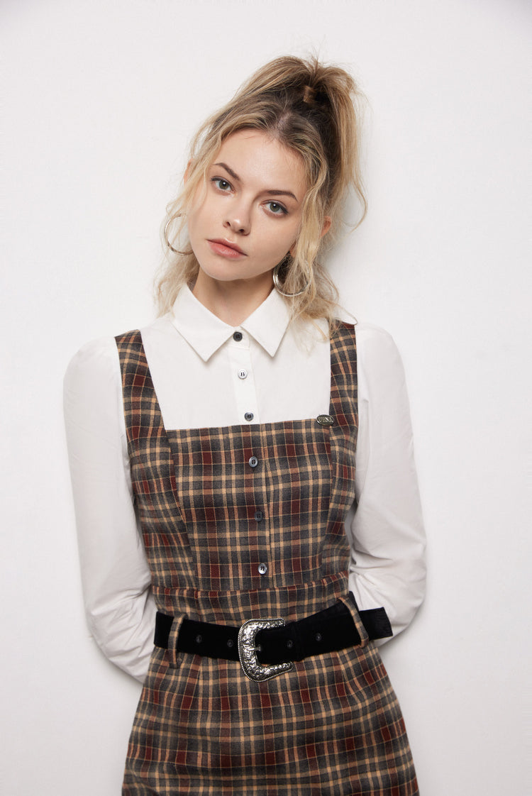 Plaid Faux Two-Piece Bubble Sleeve Shirt Dress - CHINASQUAD