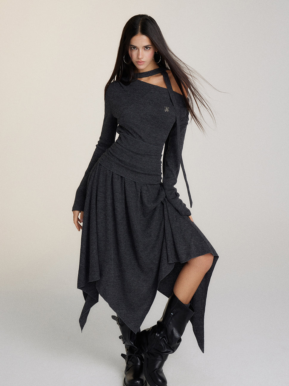 Waist-Cinched Irregular Hem Off-Shoulder Dress