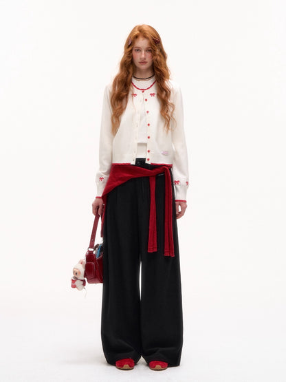 Lace-Trim Waist Tie Wide-Leg Pants