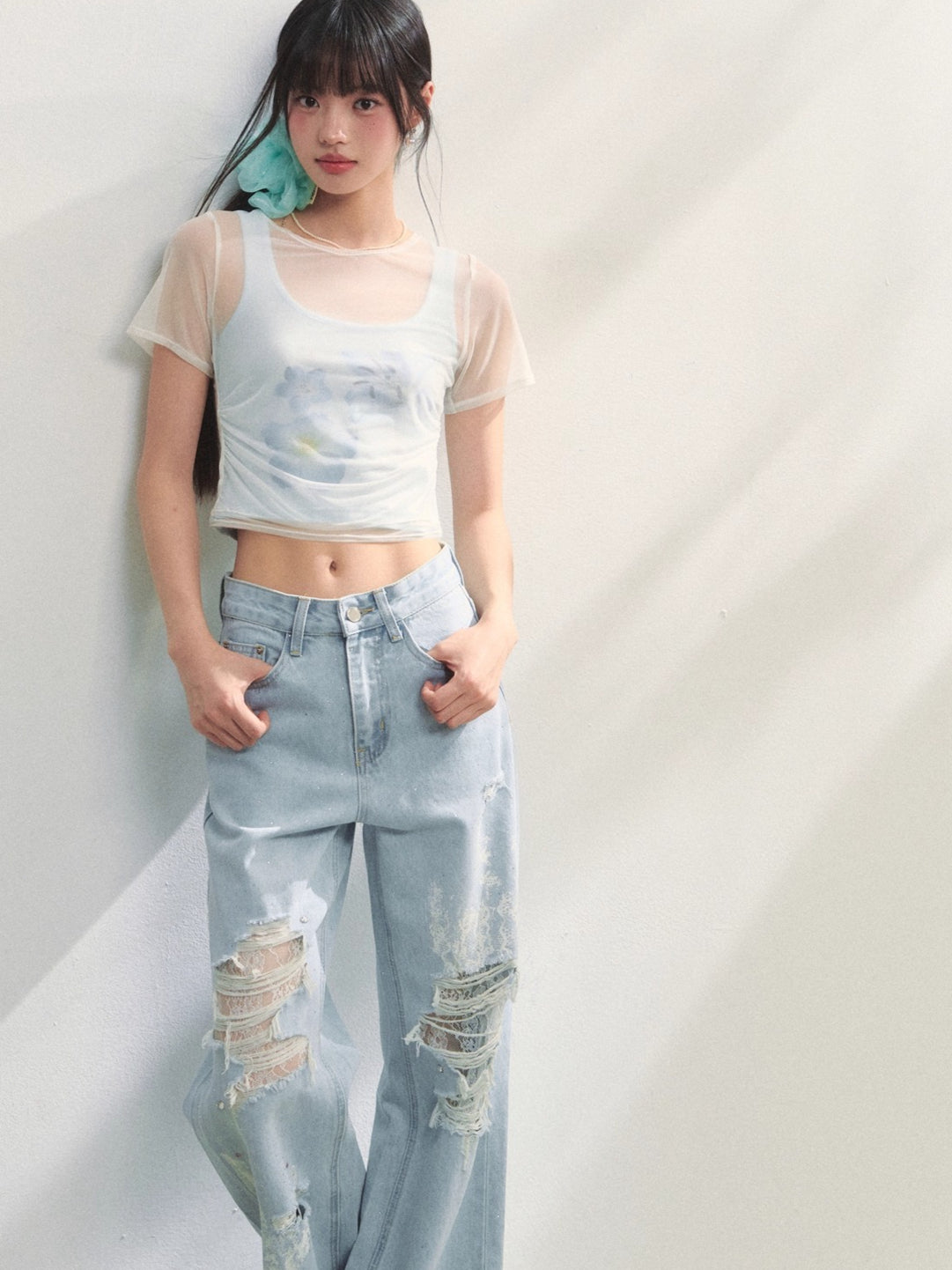 Lace-Trimmed Printed Rhinestone-Embellished Jeans