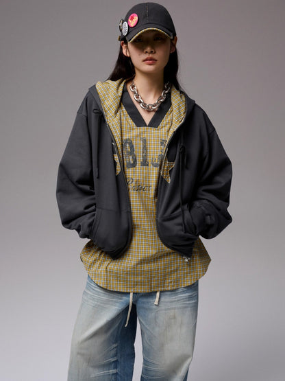 Star Patch Oversized Zip-up Hoodie