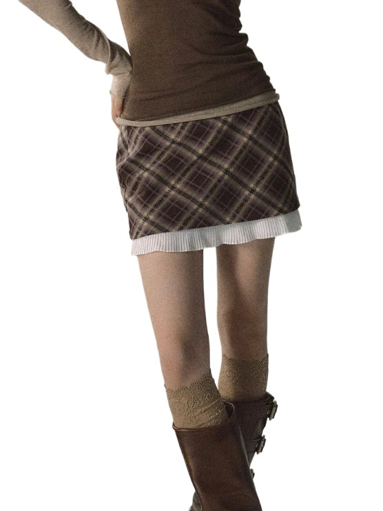 Khaki &amp; Black Patchwork Checkered 2-in-1 Mini Skirt - CHINASQUAD