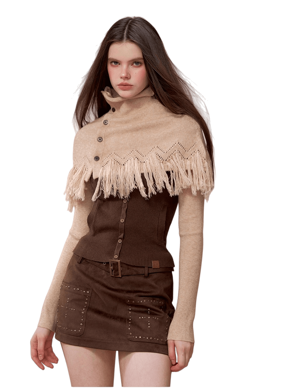 High-Neck Knit Top Fringe Cape Set