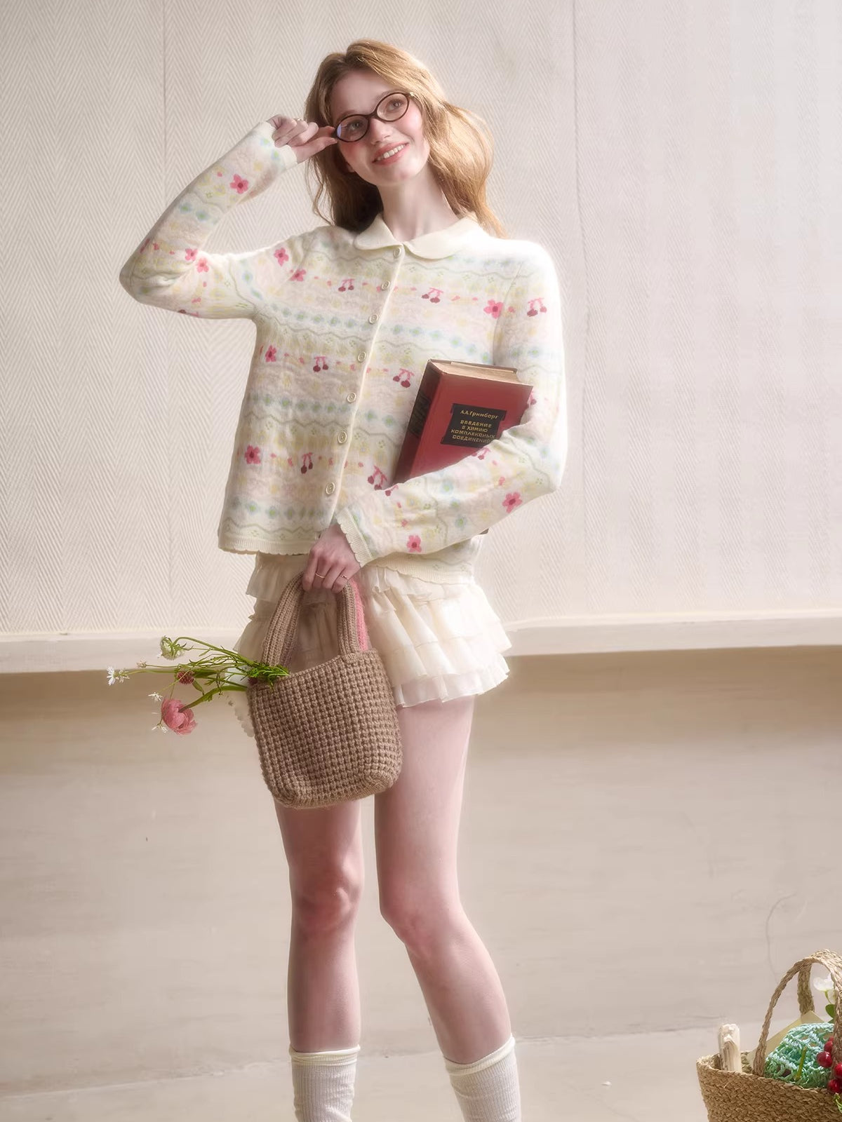 Jacquard Doll-Collar Knit Cardigan