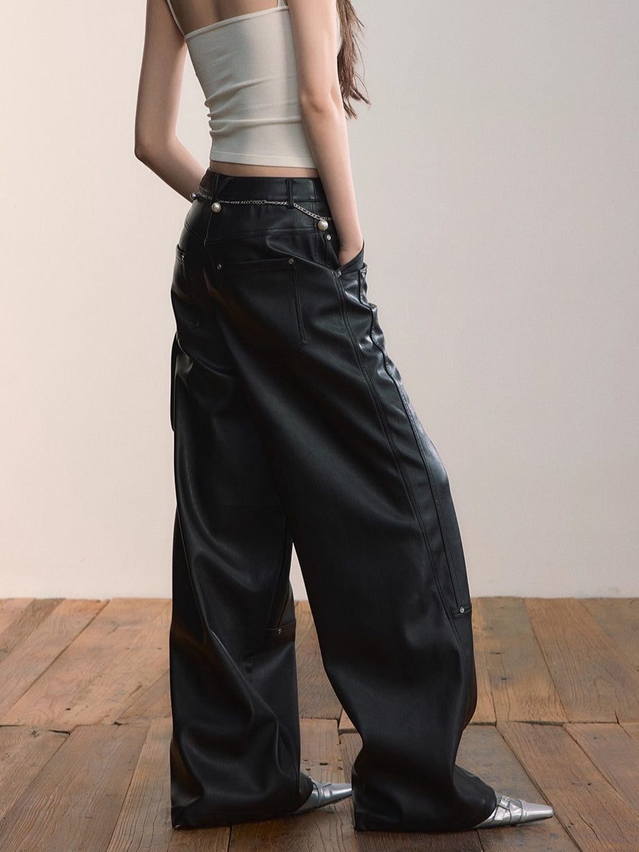 Gleam Rivet Strap PU Leather Pants