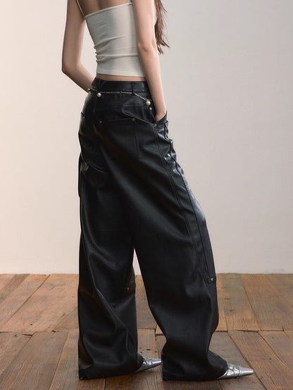 Gleam Rivet Strap PU Leather Pants