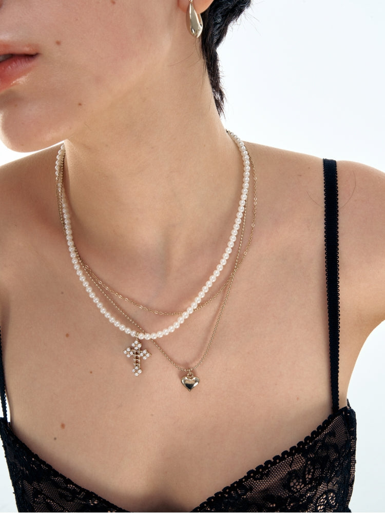 Heart Pearl Cross Necklace Set