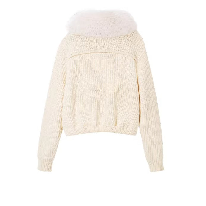Faux Fur Collar Wool Knit Cardigan