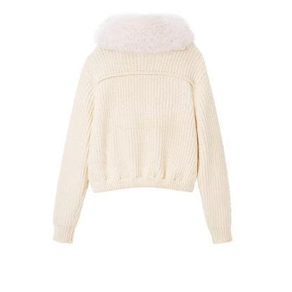 Faux Fur Collar Wool Knit Cardigan