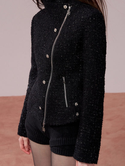 Rose-Button High-Neck Fitted Jacket