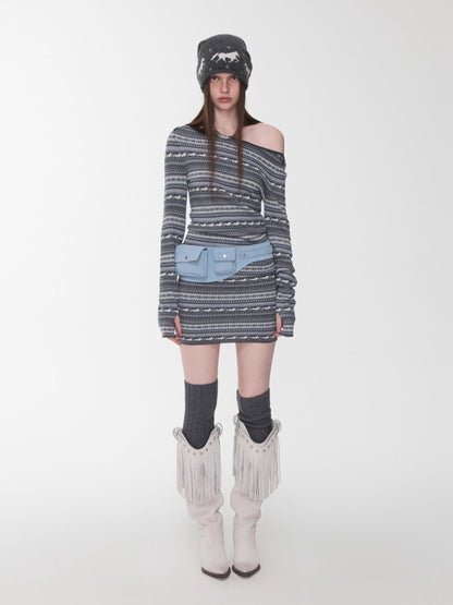 Fair Isle Off-Shoulder Jacquard Knit Dress