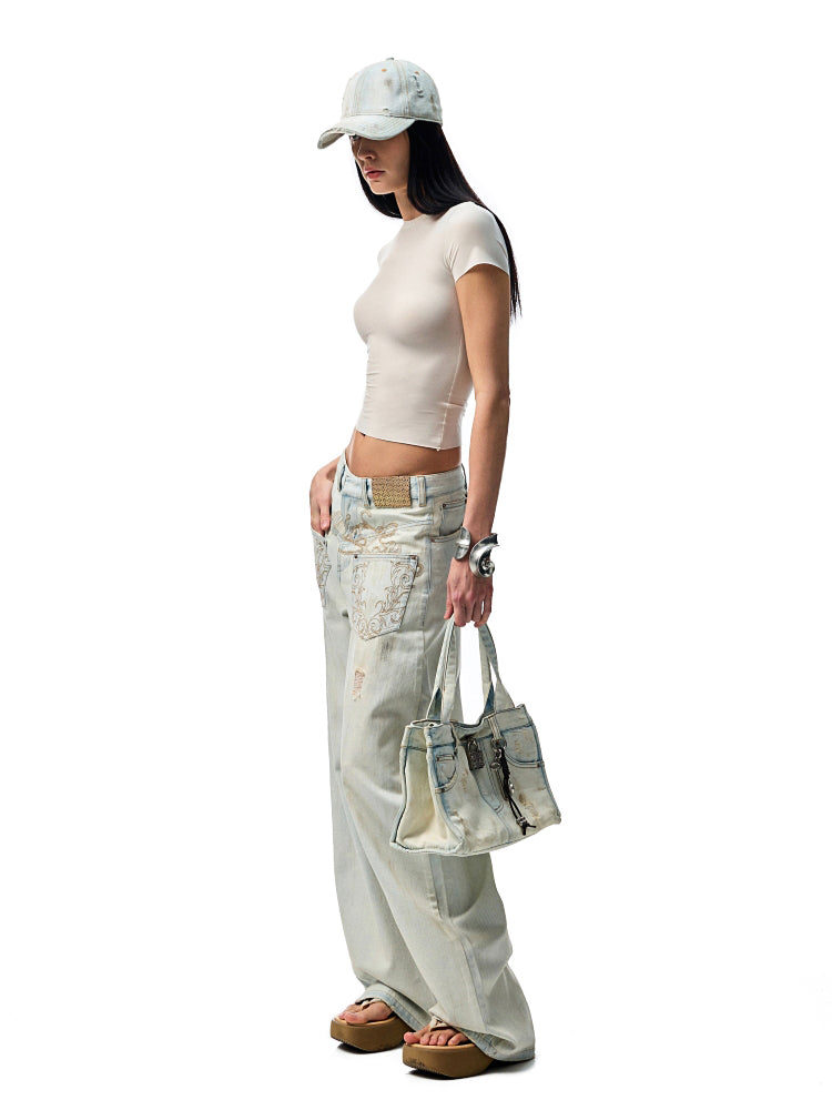 Distressed Printed Denim Tote Bag