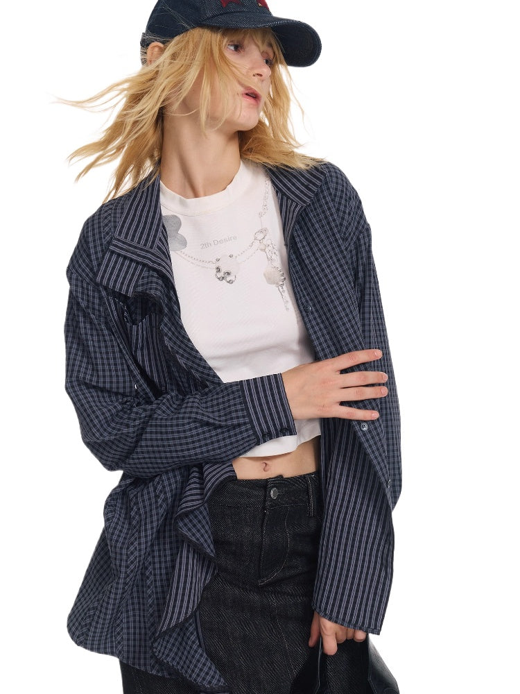 Embroidered Plaid Ruffle-Edge Shirt