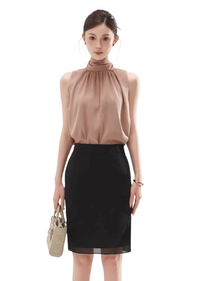 Sleeveless Drape Top &amp; High-Waist Straight Midi Skirt Set