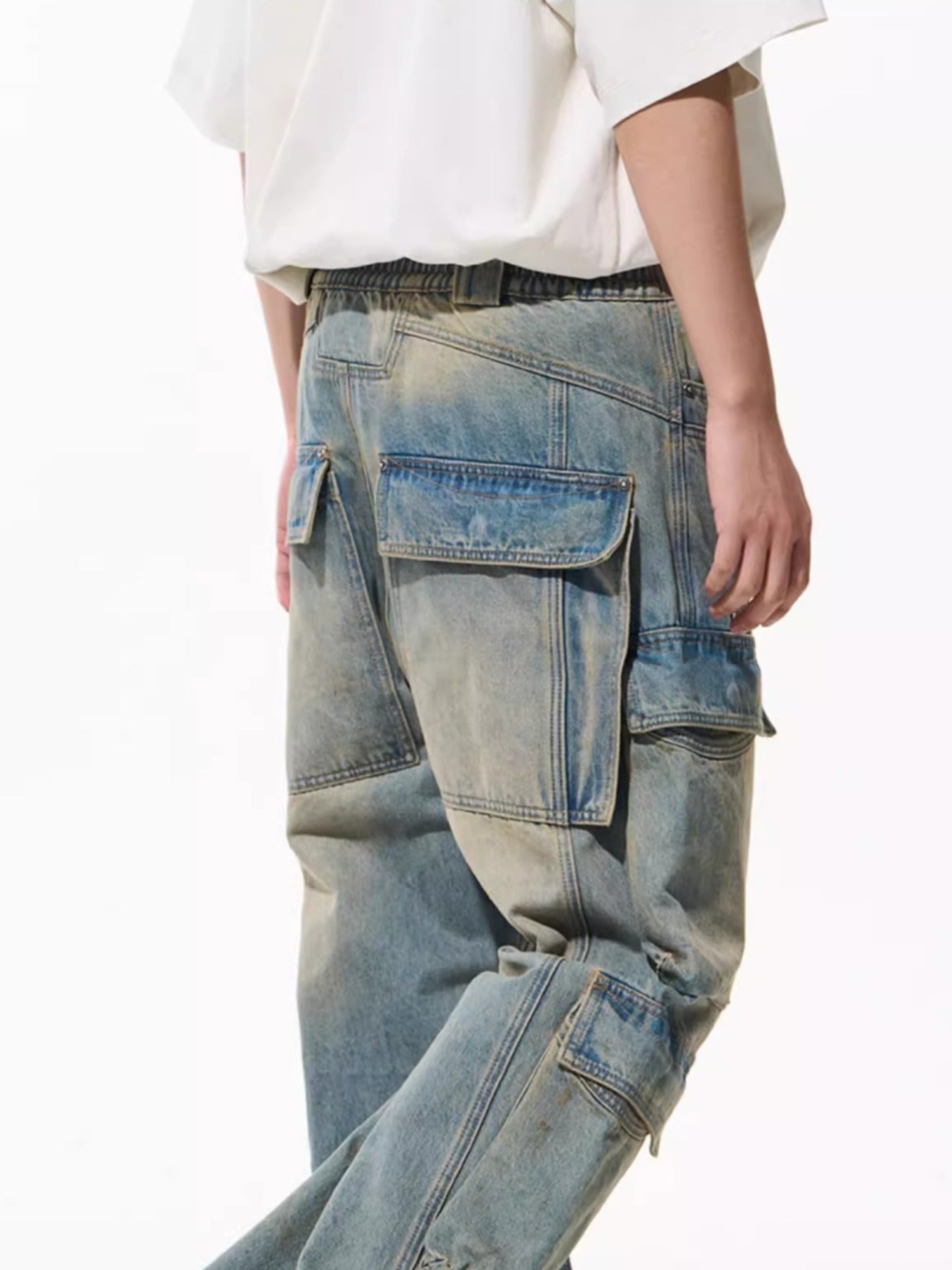 Washed Pocket-Panel Straight-Leg Denim Cargo Pants