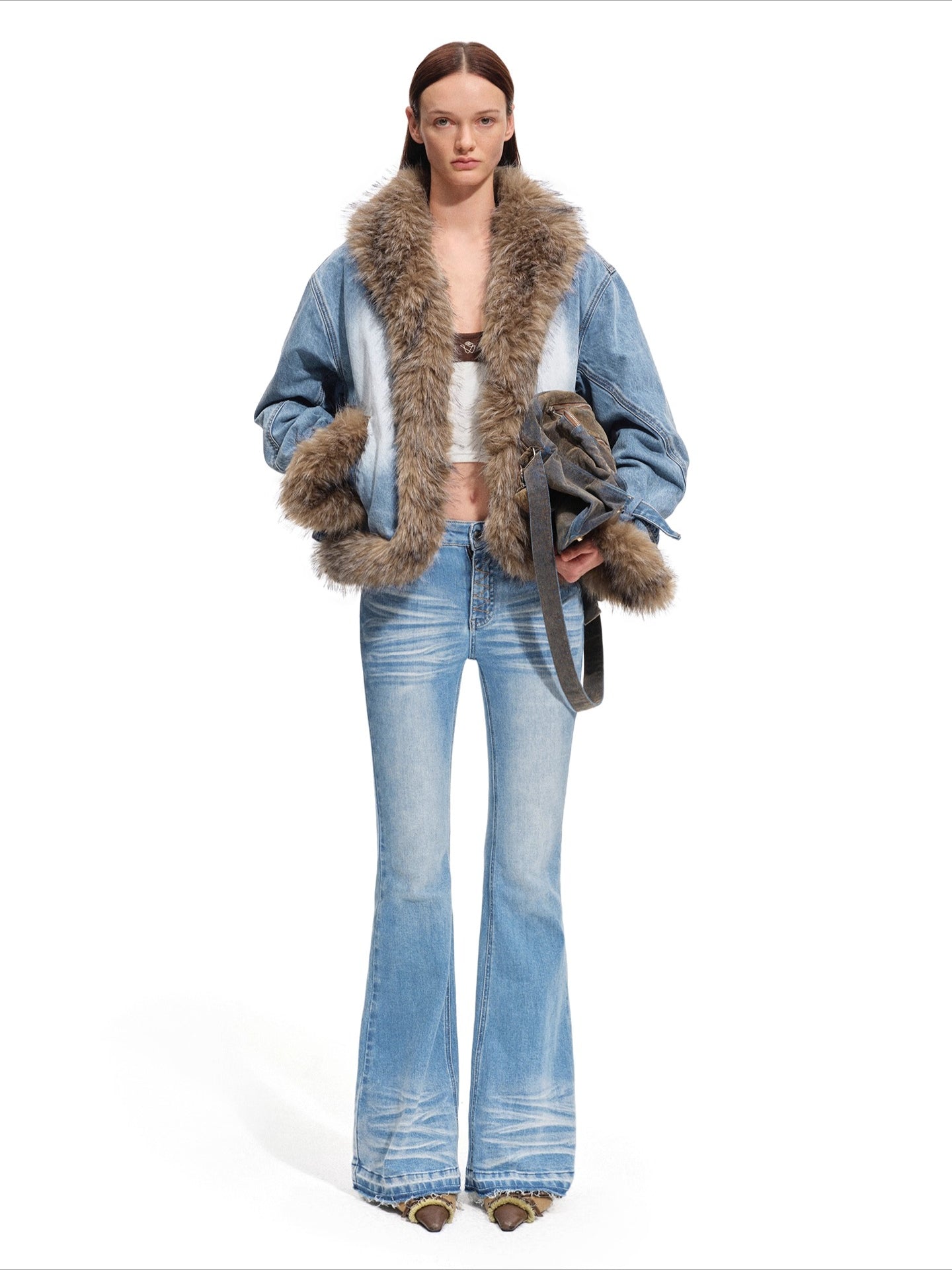 Faux-Fur Trim Washed Denim Jacket
