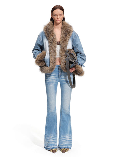 Faux-Fur Trim Washed Denim Jacket