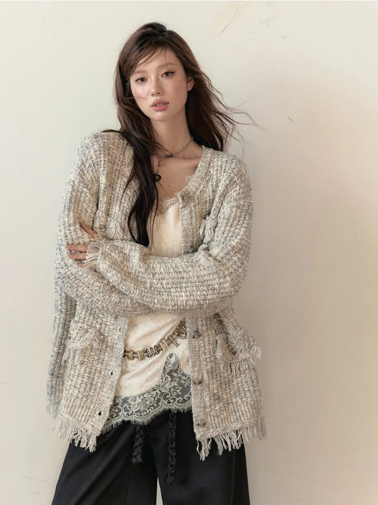 Frayed Edges Wool Mid-Length Knit Cardigan