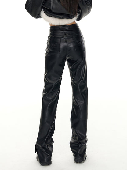 Black V-Style High-Waist Leather Pants