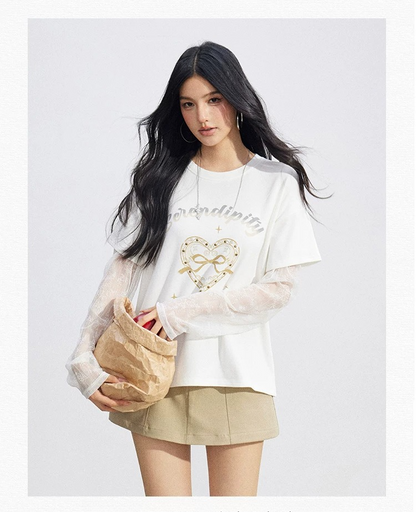 Lace Panel Sun Protection Graphic T-Shirt