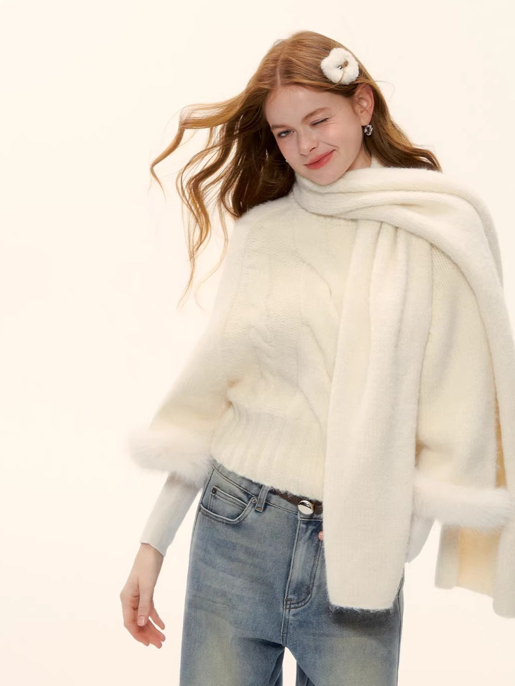 Wool-Blend Cable-Knit Batwing Scarf Sweater