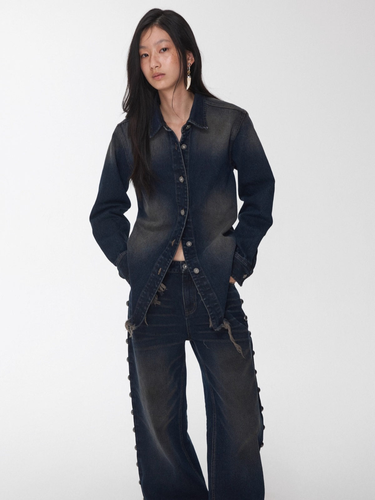 Vintage Washed Frayed Denim Fitted Shirt
