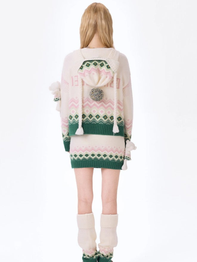 Contrast Zip-Up Hooded Knit Cardigan